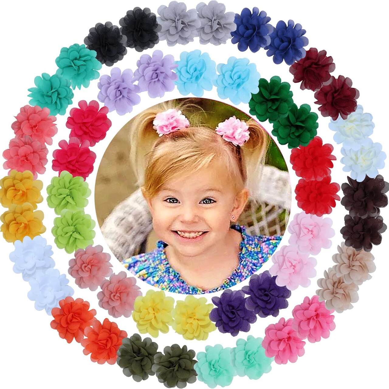 50pcs 2" Chiffon Flower Hair Bows Tiny Clips for Girls Fully Lined Non Slip Baby Clips Hair Accessories for Baby Girls Newborns Infants Toddlers 25 Colors in Pairs